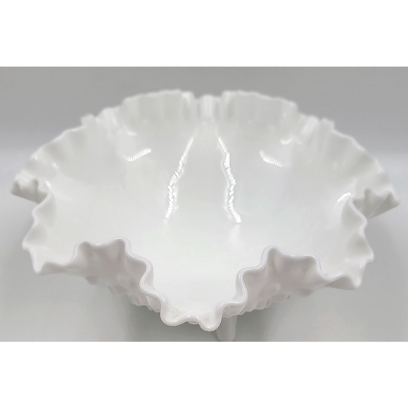Fenton Milk Glass Hobnail Ruffled Footed Bowl 8" Oval Logo Vintage 1970s USA - Picture 7 of 10